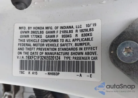 2019 Honda Civic Ex из США, поврежденный, VIN 19XFC1F32KE020124